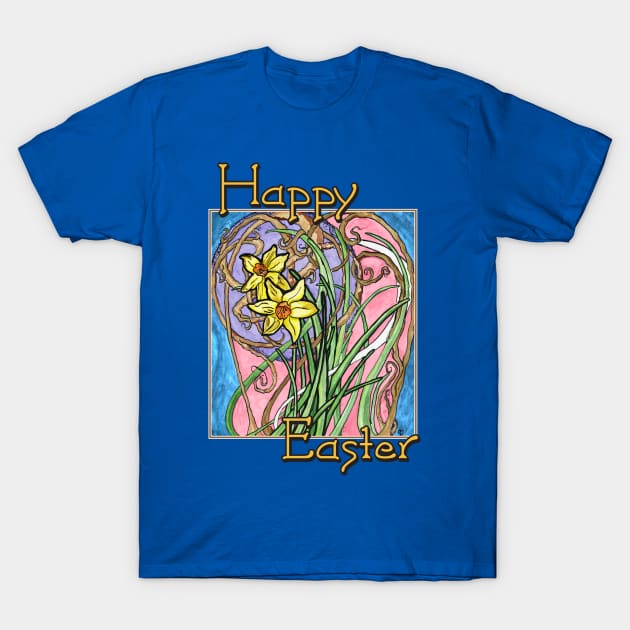 Happy Easter! Colorful Watercolor Daffodils on Blue Marble T-Shirt by CrysOdenkirk